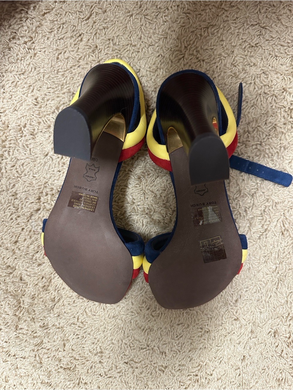 Tory Burch Tricolor Suede Ankle-Strap Heels in Red, Navy & Yellow - Picture 5 of 7